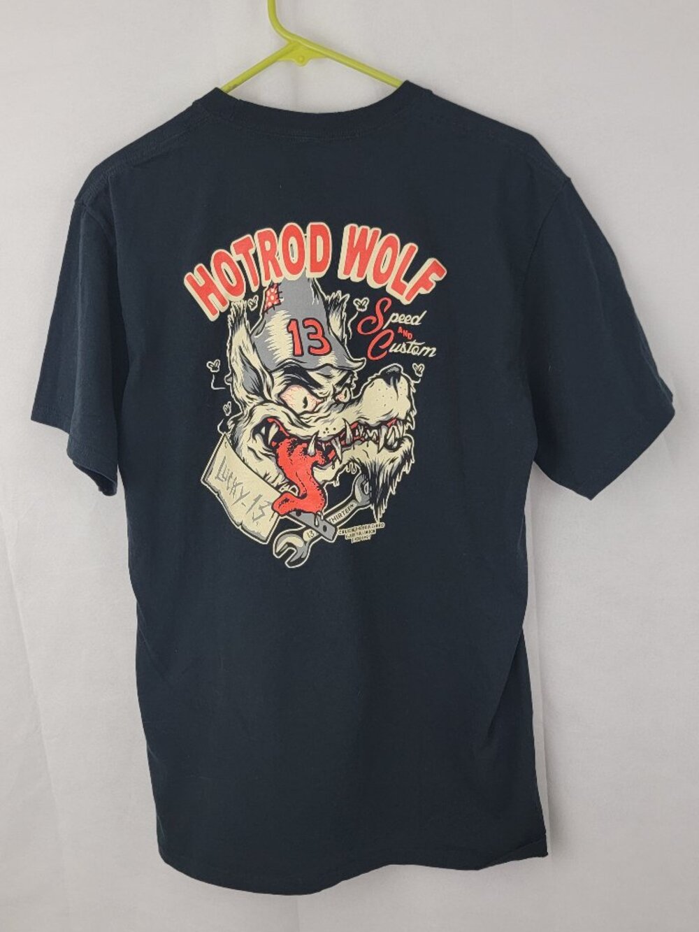 LUCKY 13 Mens T Shirt Sz Medium Black HotRod Wolf Rat Rod Fink Car Show STAIN